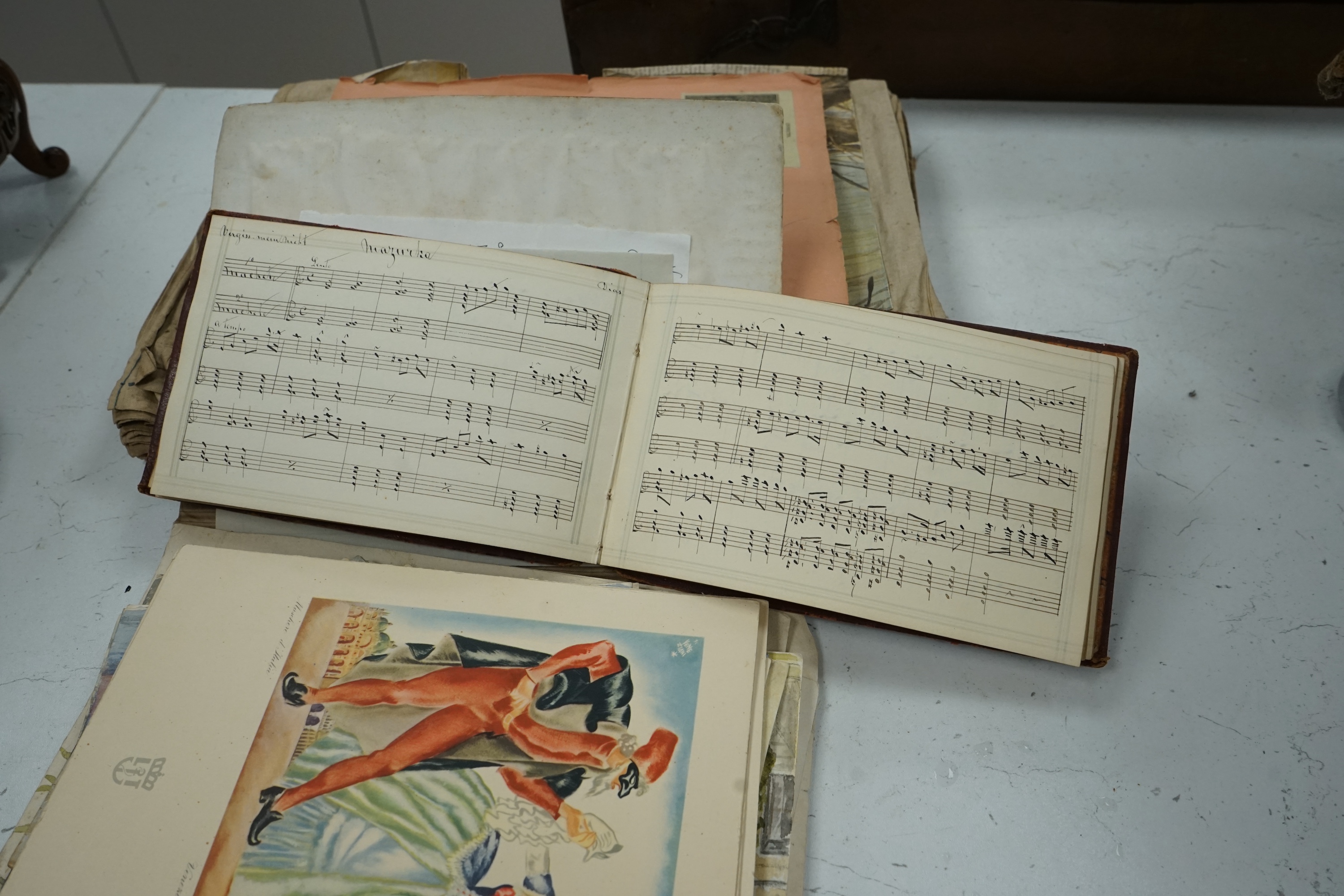 A collection of 19th century watercolours, pencil sketches, scrap books and sheet music. Condition - mostly fair